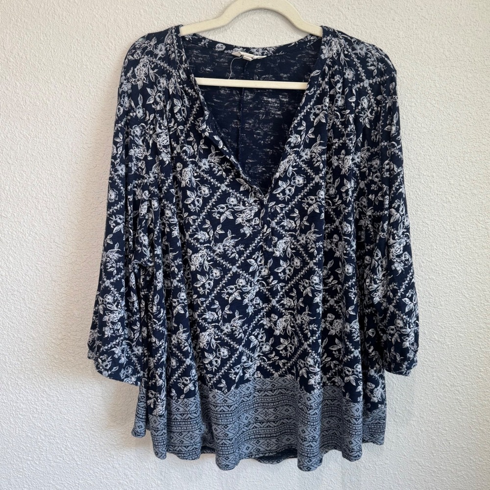 Lucky Brand Womens 3X Navy Blue Floral Geometric Tunic Top 3/4 Sleeve Boho